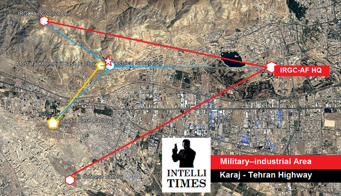 Interesting find by  @IntelliTimes From west of Tehran, Iran, where explosions & power outages were reported.RED—IRGC Air Force HQ & Air Defense SystemsYELLOW—Karaj Missile DevelopmentBLUE—Electrical substation providing for all sitesExplosion reportedly near substation