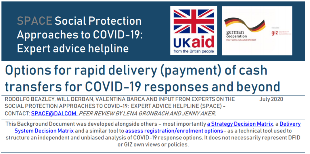 We have seen great innovations on Government  #cashtransfer  #payment systems with  #Covid19 - and great resources coming out. We have tried to summarise emerging practices/insights here with  @RodolfoBeazley  @GSMAm4d  @DFID_Inclusive  @giz_gmbh SPACE team  https://socialprotection.org/discover/publications/space-options-rapid-delivery-payment-cash-transfers-covid-19-responses-and (1/N)