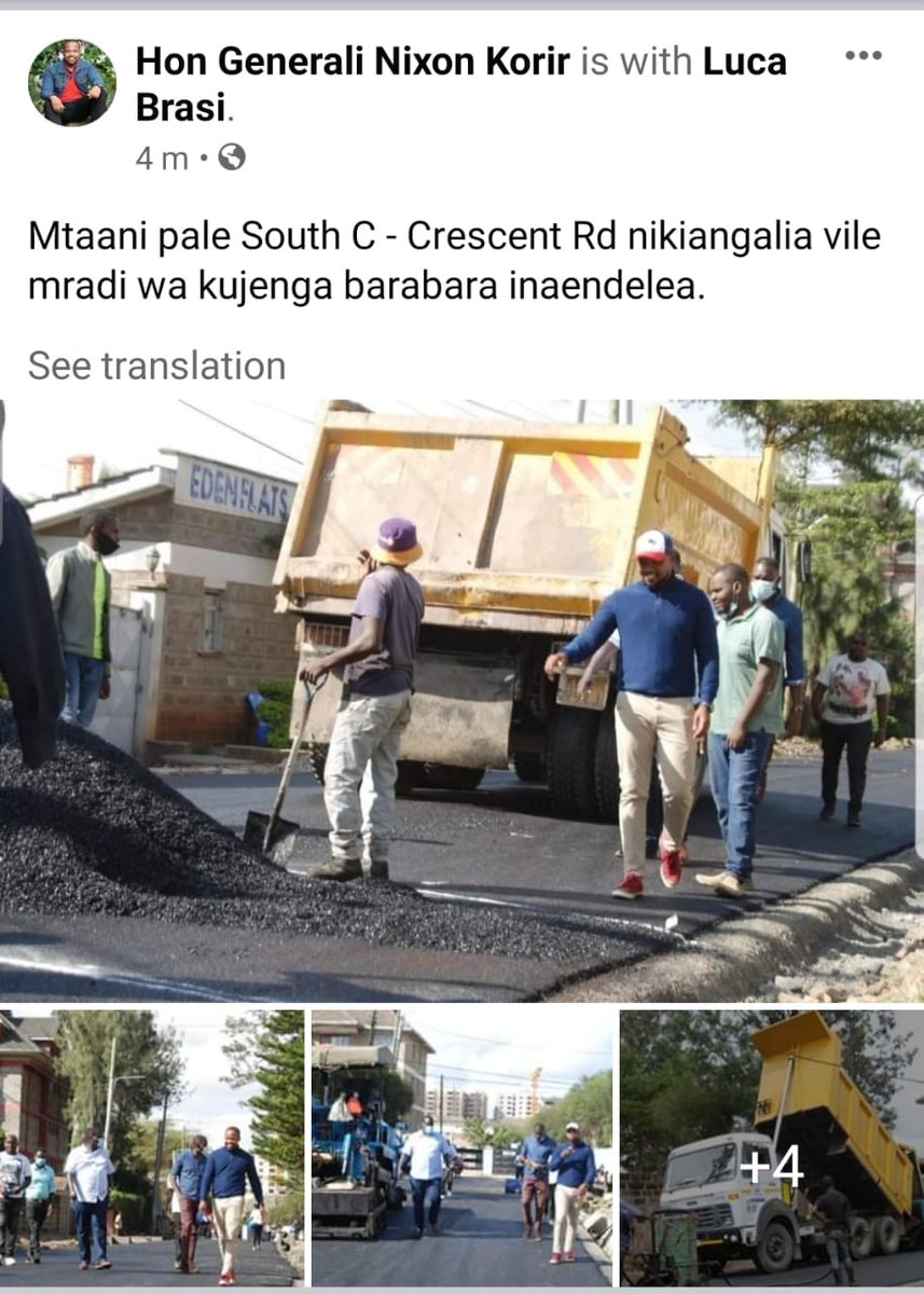 <a href="/nixon_korir/">Generali Nixon Korir</a> <a href="/donniekip/">Donnie Langat Blakky</a> Thank you mheshimiwa for the completion of crescent road in South c and responding to the call to action . We appreciate your good work .