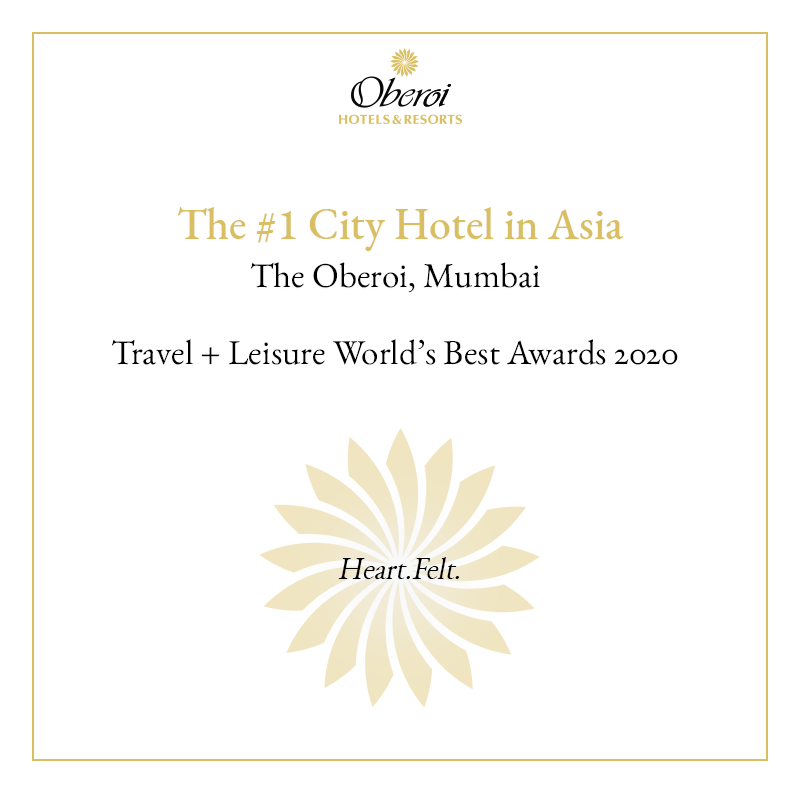 OberoiHotels's tweet photo. The Oberoi, Mumbai has been recognised as “The #1 City Hotel in Asia” by the 2020 Travel + Leisure World’s Best Awards. We extend our gratitude to our wonderful guests and team for their unconditional support.

#CharmedByTheOberoi #TheOberoiMumbai #Heartfelt #TLWorldsBest https://t.co/rXWf3L1oJW