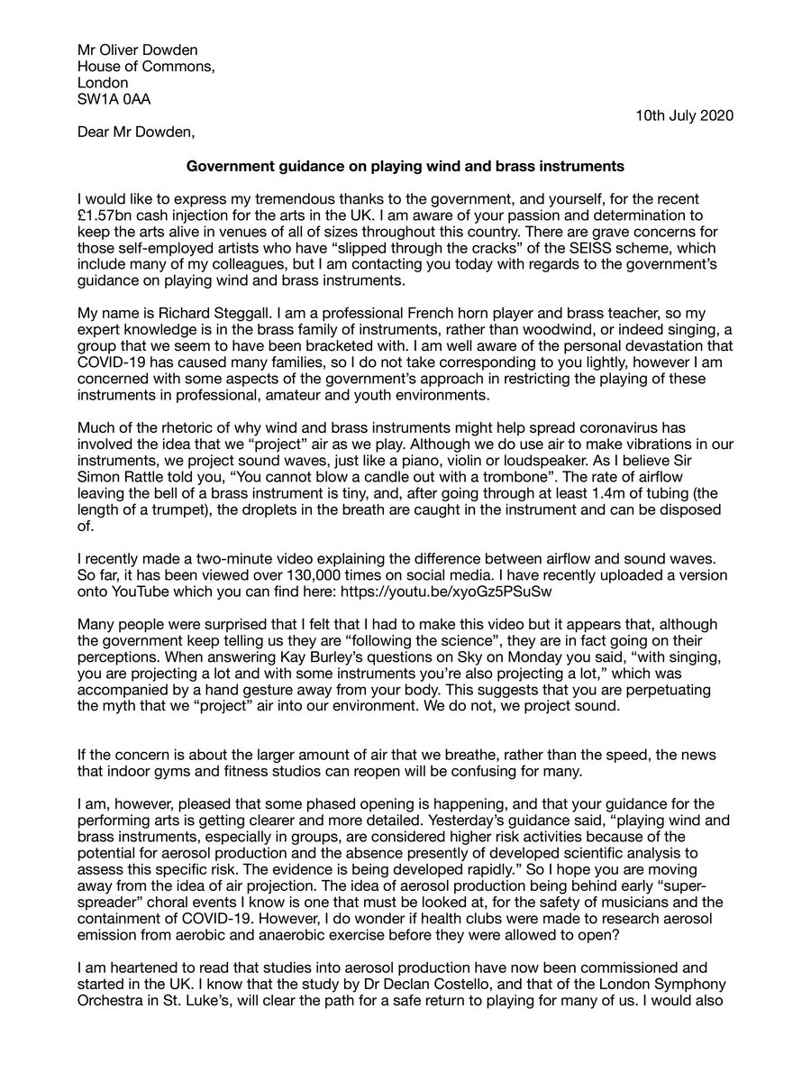 StegsHorn's tweet photo. I have written a letter to @OliverDowden about the government guidelines for wind and brass playing. 
@WeAreTheMU @ISM_music @PHE_uk https://t.co/gRPczfUriz