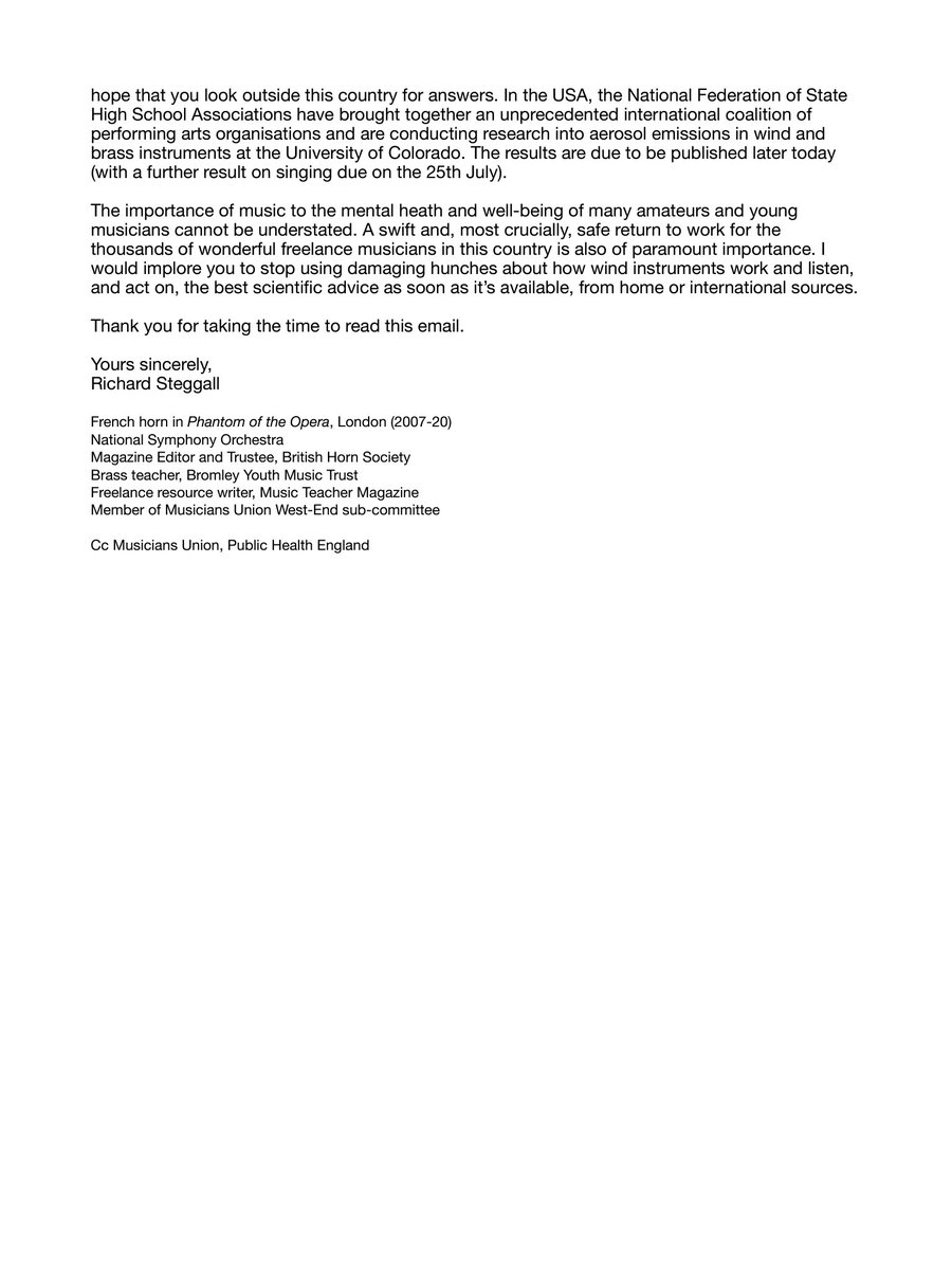 StegsHorn's tweet photo. I have written a letter to @OliverDowden about the government guidelines for wind and brass playing. 
@WeAreTheMU @ISM_music @PHE_uk https://t.co/gRPczfUriz