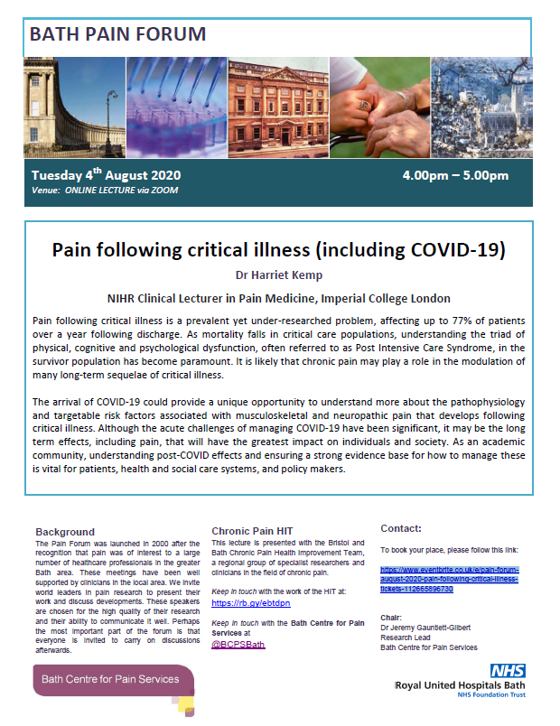BCPSBath's tweet photo. Online Lecture! Bath Pain Forum - "Pain following critical illness (including COVID-19)" from @DrHarrietKemp 4th August 1600, details: https://t.co/nGkPbpWdgj - need to book! @PhysioPainAssoc @PTOTSLTDietAHPs @RUHCriticalCare @DrJeremyGG @wilson_sarah23 https://t.co/VyArtsVpXm