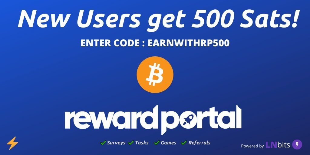 RewardPortal_'s tweet photo. Earn #Bitcoin on @RewardPortal_
⭐️New Users get 500 #BTC Sats for signup! ⭐️
Enter code : EARNWITHRP500 on https://t.co/1fIpPeKM7a
$BTC #Crypto #cryptocurrency #EarnWithRP
@cctip_io draw 0.009 ETH 191 #Airdrop https://t.co/uJW5U3KGEy