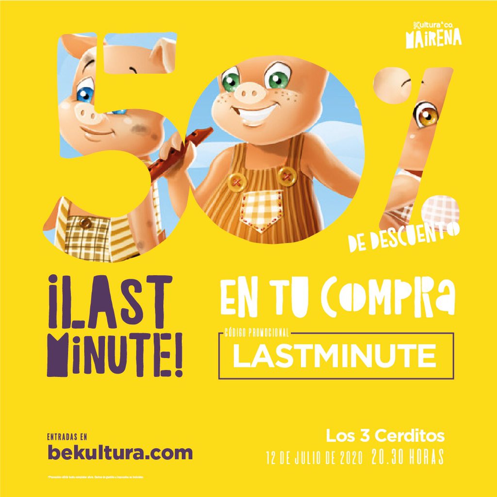 ⏳¡Last Minute! <a href="/BeKultura/">beKultura</a> lanza PROMO exclusiva para HOY del 50% de descuento en las próximas 10 mesas para 'Los Tres Cerditos' en Mairena del Aljarafe el 12 de julio.
🎟 Entradas: cutt.ly/CpwQgMu
👉 Código: LASTMINUTE

#sevilla #lostrescerditos #lastminute #infantil