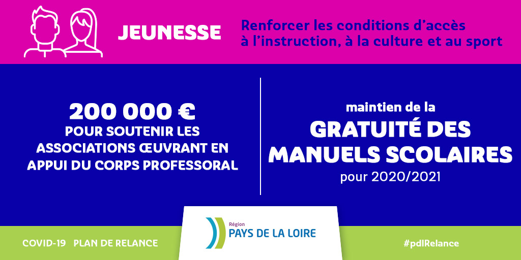 paysdelaloire's tweet photo. #pdlrelance: @paysdelaloire renforce son accompagnement des lycéens et leur famille en:
➡mobilisant 200 000€ pour une action de soutien scolaire, via les associations œuvrant en appui du corps professoral
➡maintenant la gratuité des manuels scolaires pour la rentrée 2020/2021 https://t.co/AsSbkZSp9G