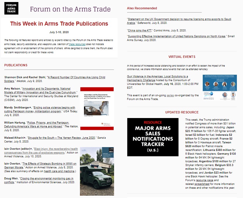 ForumArmsTrade's tweet photo. "This Week in Arms Trade Publications" #childsoldiers, dual-use conundrums, police &amp; military spending, explosive weapons in populated areas #EWIPA, #Yemen, environment and conflict, arms to #SaudiArabia, #China and Arms Trade Treaty, North Korea and more 
https://t.co/Vmdns7Q5sg https://t.co/4QuqGOHFUQ