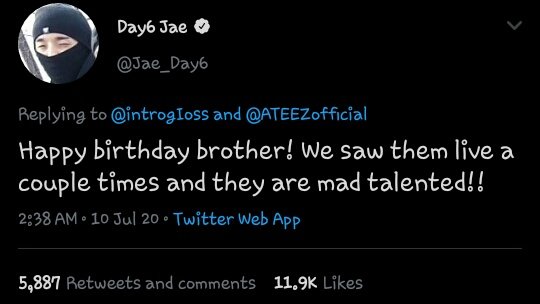  #DAY6 Jae congratulated San for his birthday and said ATEEZ are "mad talented" @ATEEZofficial  #ATEEZ    #에이티즈    https://twitter.com/Jae_Day6/status/1281477831705235457?s=19