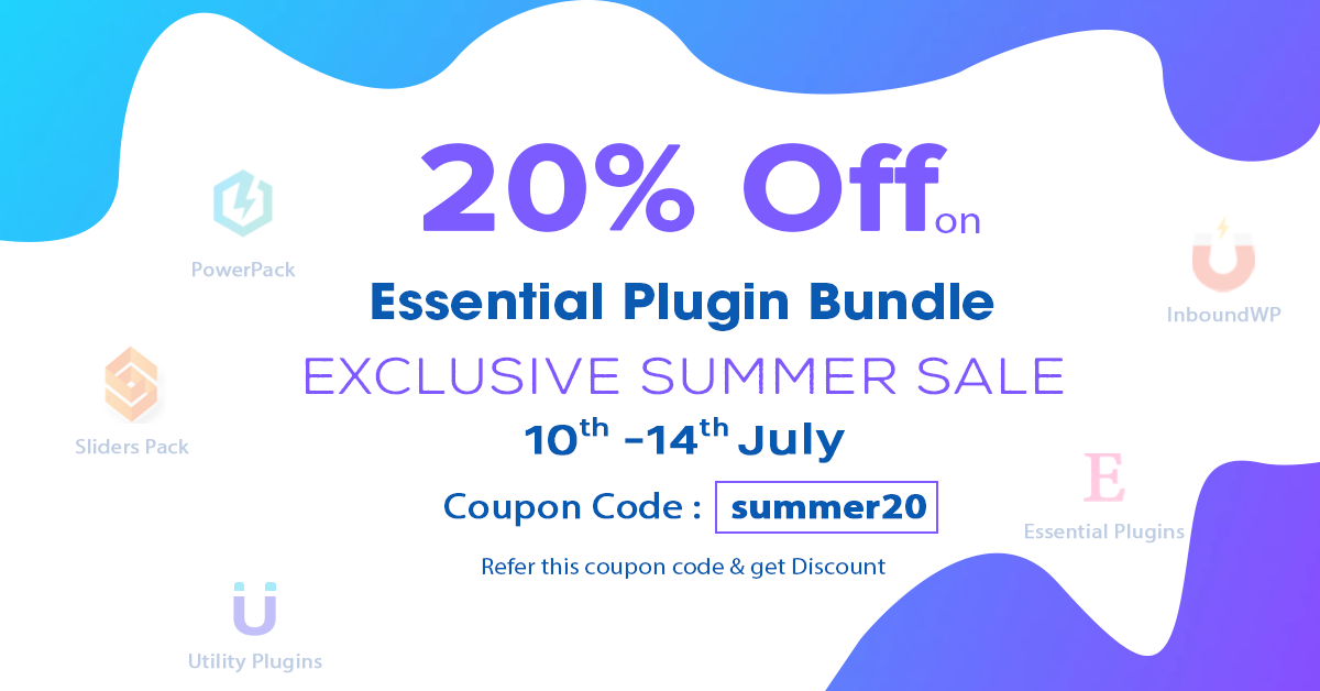 essentialplugin's tweet photo. Hurryyy... Limited Offer Period.. Get Exclusive Summer Discount . 20% Off on our Essential Plugin Bundle. Visit Our website Enter the Coupon Code &amp; enjoy the Discount... :)
Link: 👉   https://t.co/E1FW6g3XqF
#WordPress #Plugins #Themes #Offer #Hurry #WebsitDevelopment https://t.co/KoMcRahLDW