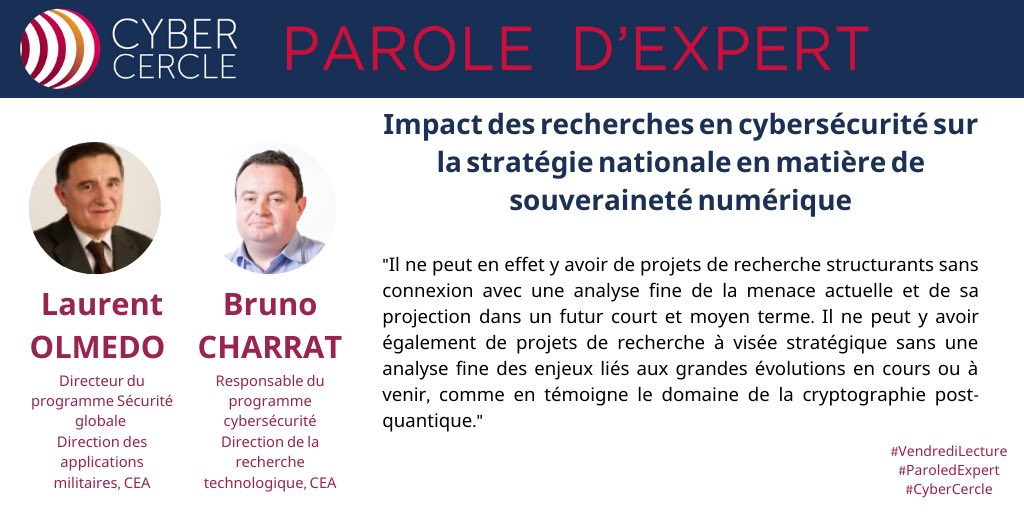 CyberCercle's tweet photo. 📚 #VendrediLecture 

#ParoledExpert de Laurent OLMEDO #CEADAM &amp; Bruno CHARRAT @CEA_Officiel : « Impact des recherches en #cybersecurite sur la stratégie nationale en matière de #souverainete #numerique »

➡ à découvrir ici : https://t.co/qT1RgzESkz

#recherche #polpubliques https://t.co/dP7auMnO80