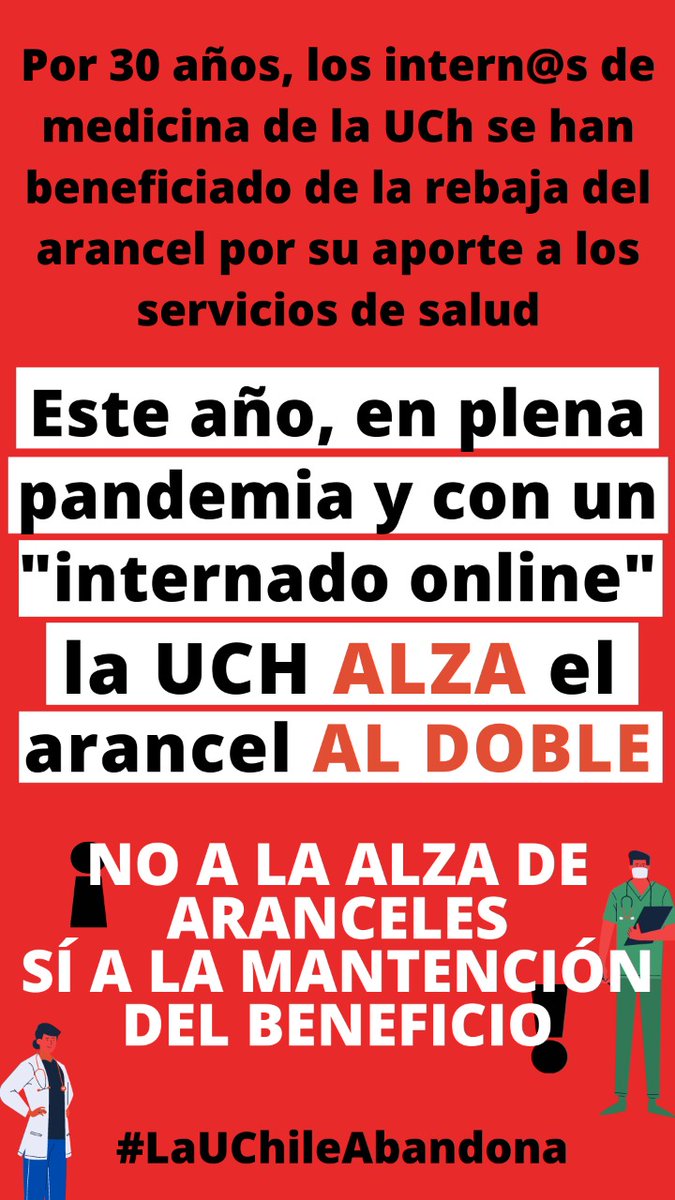 narandao's tweet photo. En el peor momento de la pandemia, mientras los estudiantes de medicina se lanzan de voluntarios #LaUChileAbandona
@uchile @elmostrador @eldesconcierto @CHVNoticias @uchileradio @PamJiles @izkia @Francrispi @pinabertoglia @biobio @TVN @T13 @El_Ciudadano @latercera @ElMercurio_cl https://t.co/BT7m43rMp9