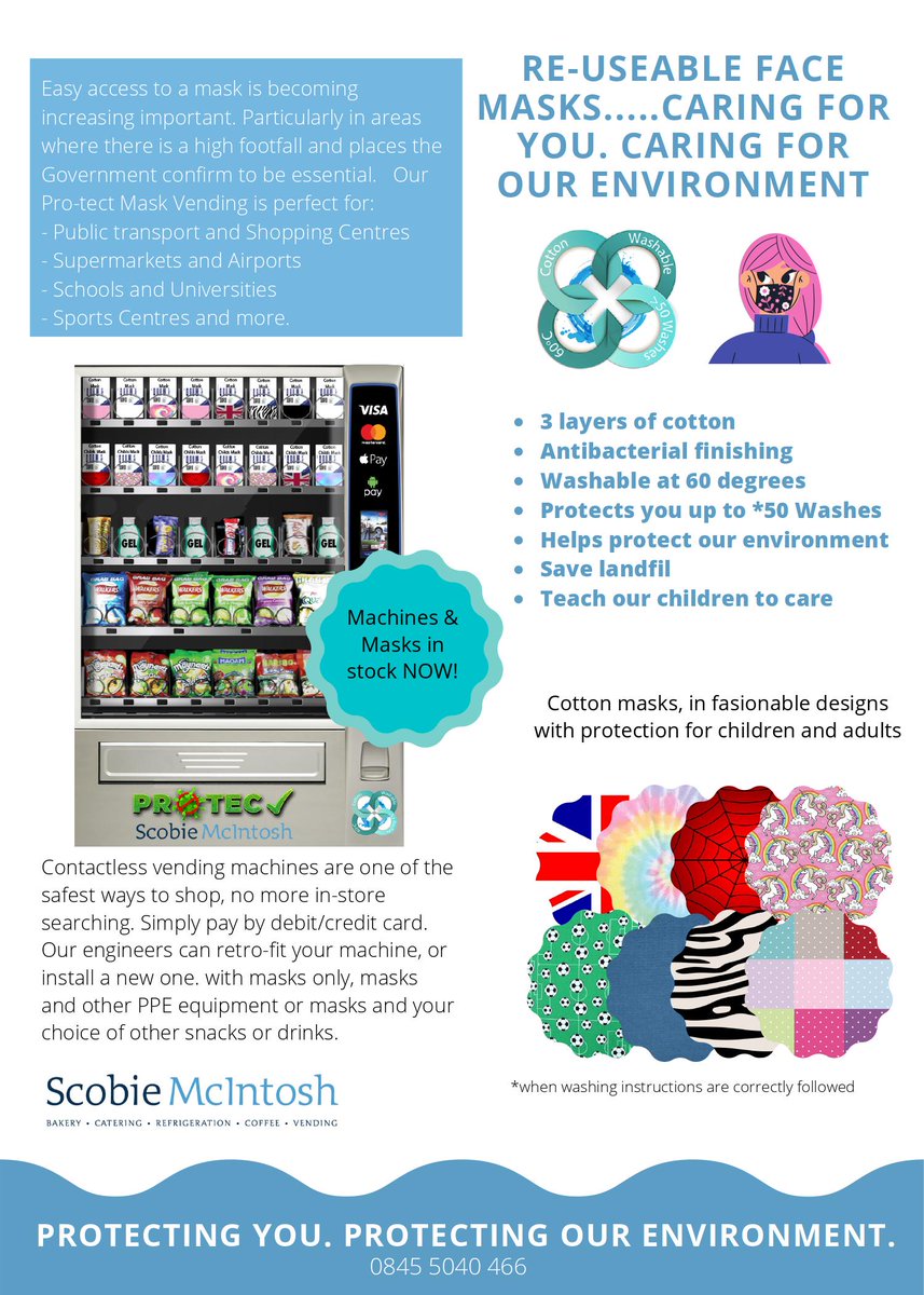 NIVOLtd's tweet photo. Mask Vending!
Scobie McIntosh now have both machines and a range of re-usable cotton masks.
Contact Mark Stevens on 0845 5040466
#COVID-19 #VENDING #PPEVENDING #STAYSAFE
Scobie McIntosh Ltd https://t.co/WibPEHm0Ll