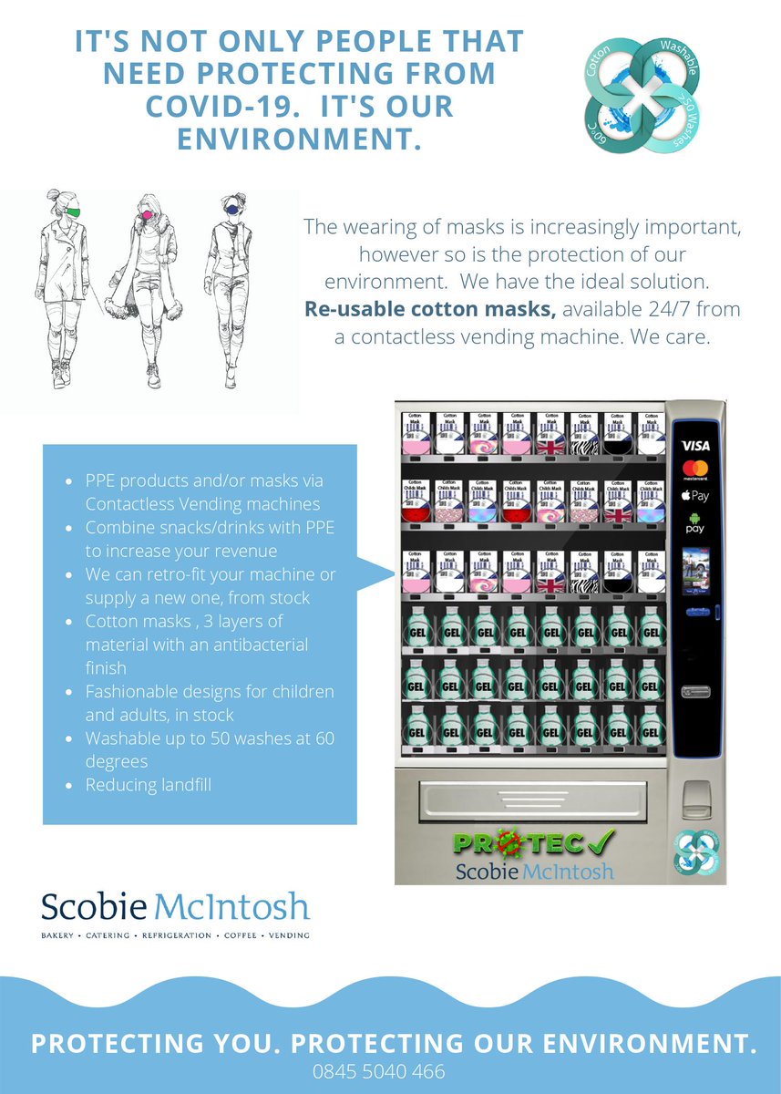 NIVOLtd's tweet photo. Mask Vending!
Scobie McIntosh now have both machines and a range of re-usable cotton masks.
Contact Mark Stevens on 0845 5040466
#COVID-19 #VENDING #PPEVENDING #STAYSAFE
Scobie McIntosh Ltd https://t.co/WibPEHm0Ll