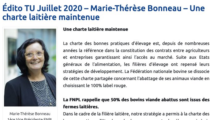 FNPLait's tweet photo. Retrouvez l'édito de Marie-Thérèse Bonneau @mt_bonneau   – Une charte laitière maintenue sur https://t.co/C0EORnYAFY
#CeuxQuiFontLeLait https://t.co/uM9Tet9FiR