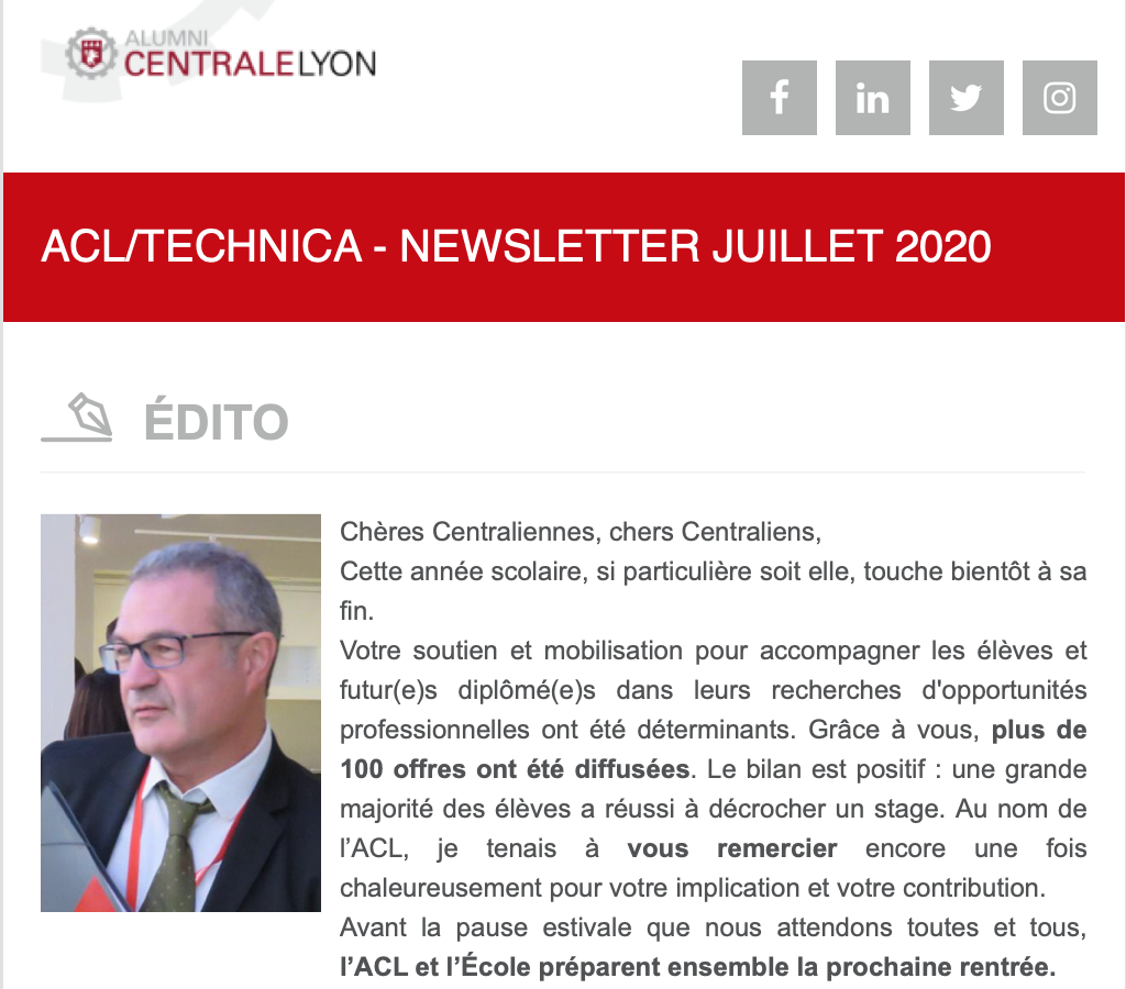 AlumniCentrale's tweet photo. La #newsletter ACL du mois de juillet est sortie 📣 !
Dans les actualités : de nouveaux portraits de #centraliens dans votre revue Technica, l’ACL, l'@CentraleLyon et les élèves préparent la rentrée...
À retrouver en ligne sur le site : https://t.co/iUjcHwUaI2 https://t.co/p6wOZvHxZL