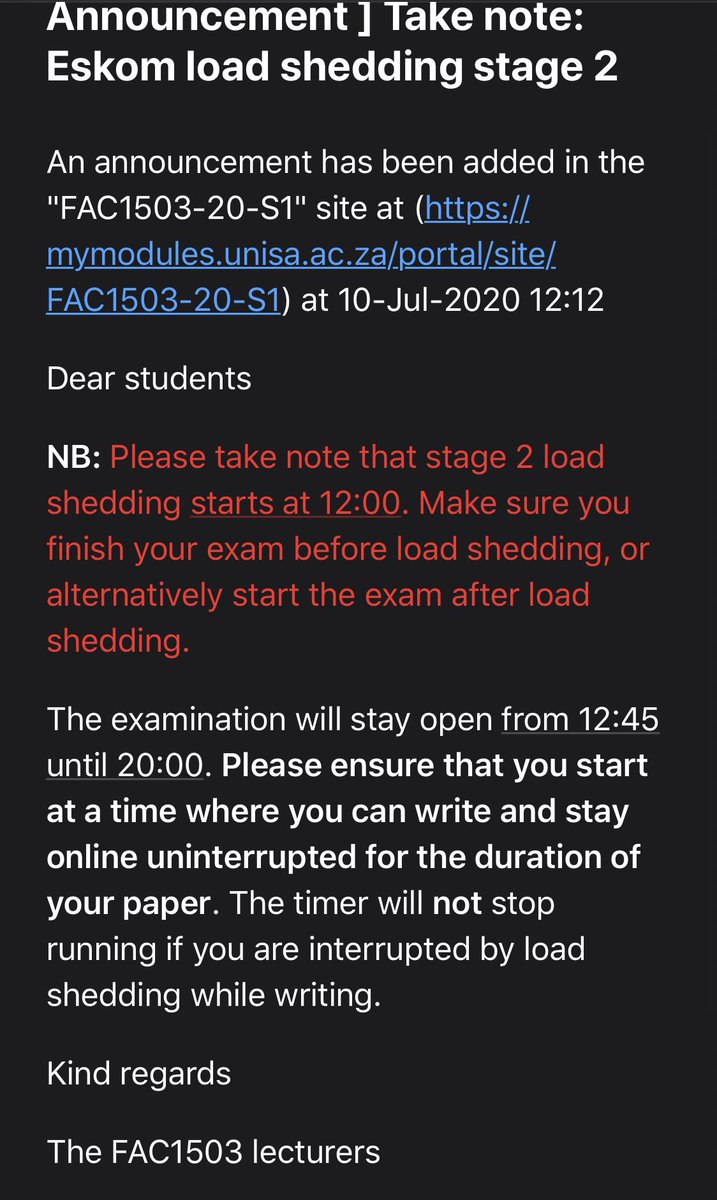 vahsekydal's tweet photo. Thank you @Eskom_SA 💪🏼
We EVENTUALLY got a second chance from @unisa to write this paper again, and alas - more speedbumps.
#FAC1503 is cursed 😑 https://t.co/gPZmRtgqxL