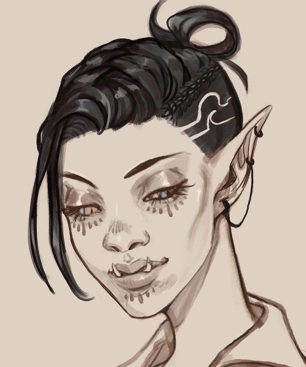 Chloe_Koi's tweet photo. A little sketch of our warlock Tamorook from my dnd party. Love me the half orc Queen! Sometimes I just like throwing free art at my friends ^^
.
.
.
.
.
.
#DnD #dndart #dndwarlock #dndhalforc #orcbabe #portrait #digitalart #sketch #chloekoi #commissionsopen #Commission https://t.co/MR3nnVmPvu