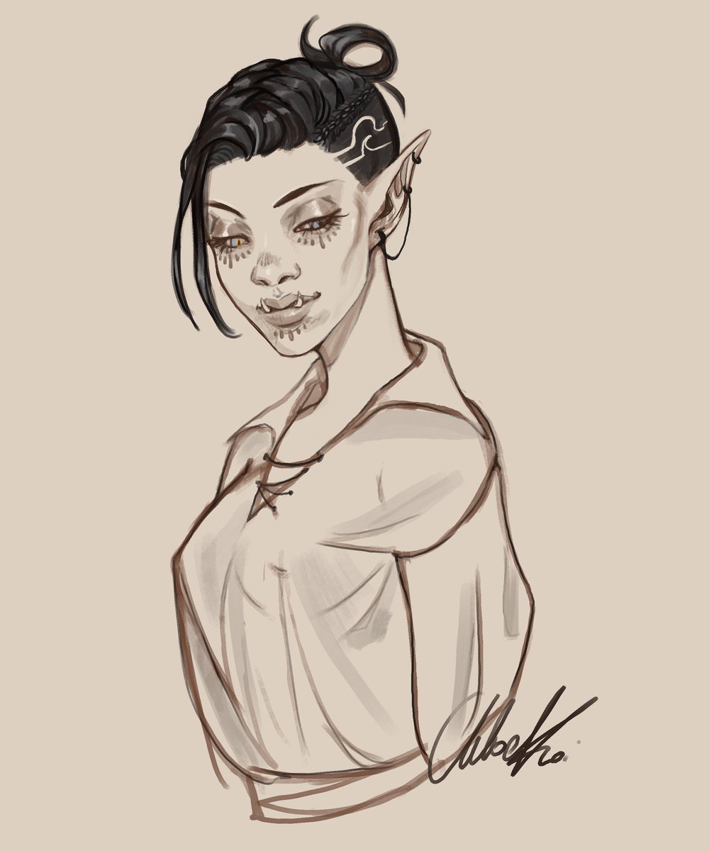 Chloe_Koi's tweet photo. A little sketch of our warlock Tamorook from my dnd party. Love me the half orc Queen! Sometimes I just like throwing free art at my friends ^^
.
.
.
.
.
.
#DnD #dndart #dndwarlock #dndhalforc #orcbabe #portrait #digitalart #sketch #chloekoi #commissionsopen #Commission https://t.co/MR3nnVmPvu