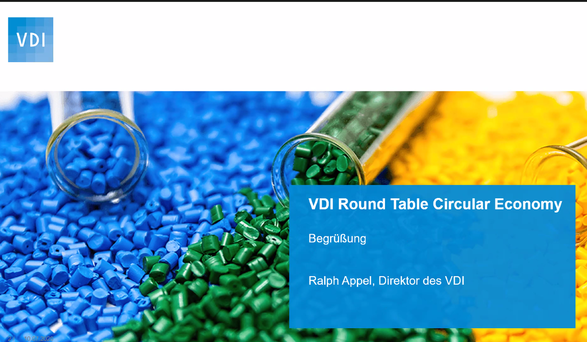 VDI_Politik's tweet photo. #VDI-Direktor Ralph Appel eröffnete den 4. digitalen #VDIRoundTable zum Thema #CircularEconomy. Nach Impulsen aus dem @bmu, von @bund_net, @WWF_Deutschland, @NABU_de und @vznrw geht es am Nachmittag um erste Überlegungen zu konkreten Handlungsempfehlungen. #kunststoffe https://t.co/ps9a5kmrMW