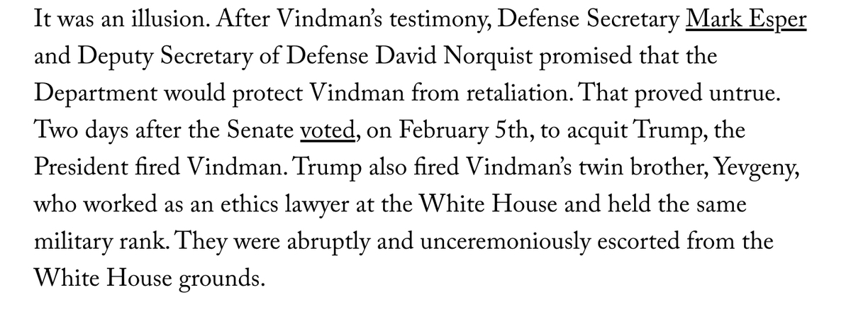 This story about what happened to Alexander Vindman, after he testified - entirely truthfully and honourably - about Trump's attempt to suck Ukraine into his re-election bid, is really upsetting. I can't quite believe this is what America has become, tbh  https://www.newyorker.com/news/our-columnists/trumps-impeachment-revenge-alexander-vindman-is-bullied-into-retiring