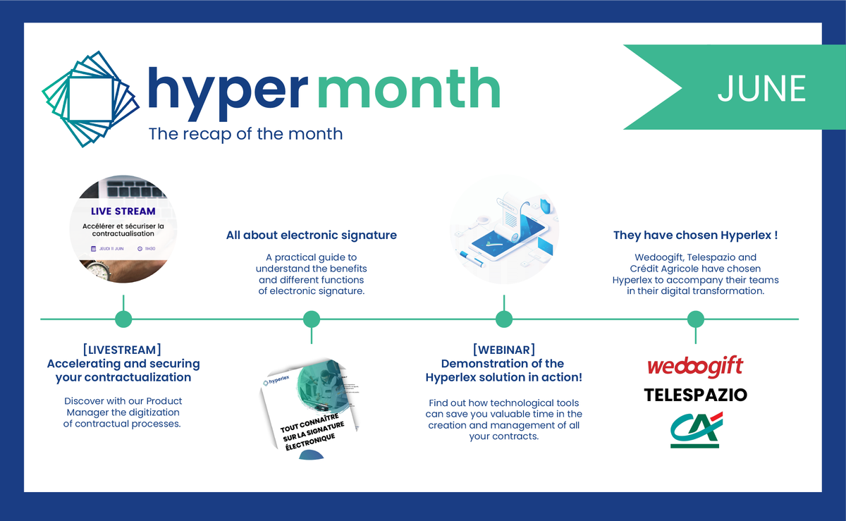 Hyperlex_'s tweet photo. #Hypermonth โก๏ธ
๐ Discover the benefits of the digitization in your contractual processes
โ๏ธ The practical guide about eletronic signature
๐ฅ Download the replay of our webinar to see Hyperlex in action
๐ค @wedoogift, @TelespazioFr and @CreditAgricole trust us ! https://t.co/GEXL91Jsp0