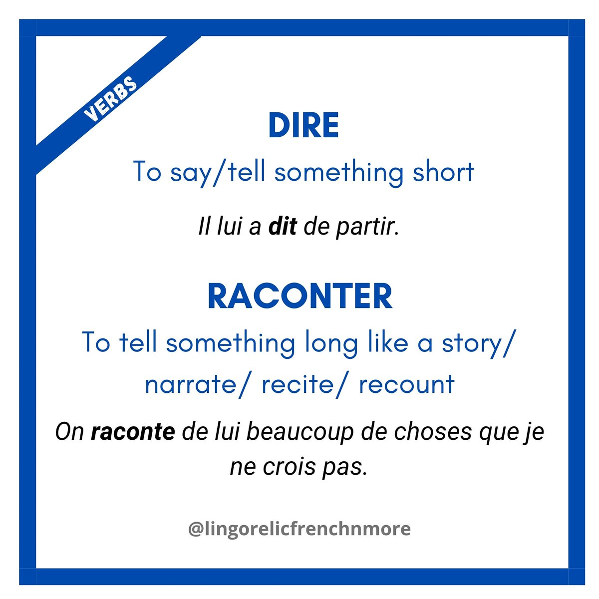 LingorelicCH's tweet photo. https://t.co/AjUmFjdMUV
Verbs: Dire/ Raconter (To tell)
#french #verb #verbs #frenchwords #frenchvocabulary #frenchlanguage #frenchlanguage🇫🇷 #frenchgrammar #frenchgrammarisfun #france #france🇫🇷 #parisfrance #paris #wordoftheday #frenchwordoftheday #frenchverbs #lingorelic https://t.co/ywFCeFrZTh