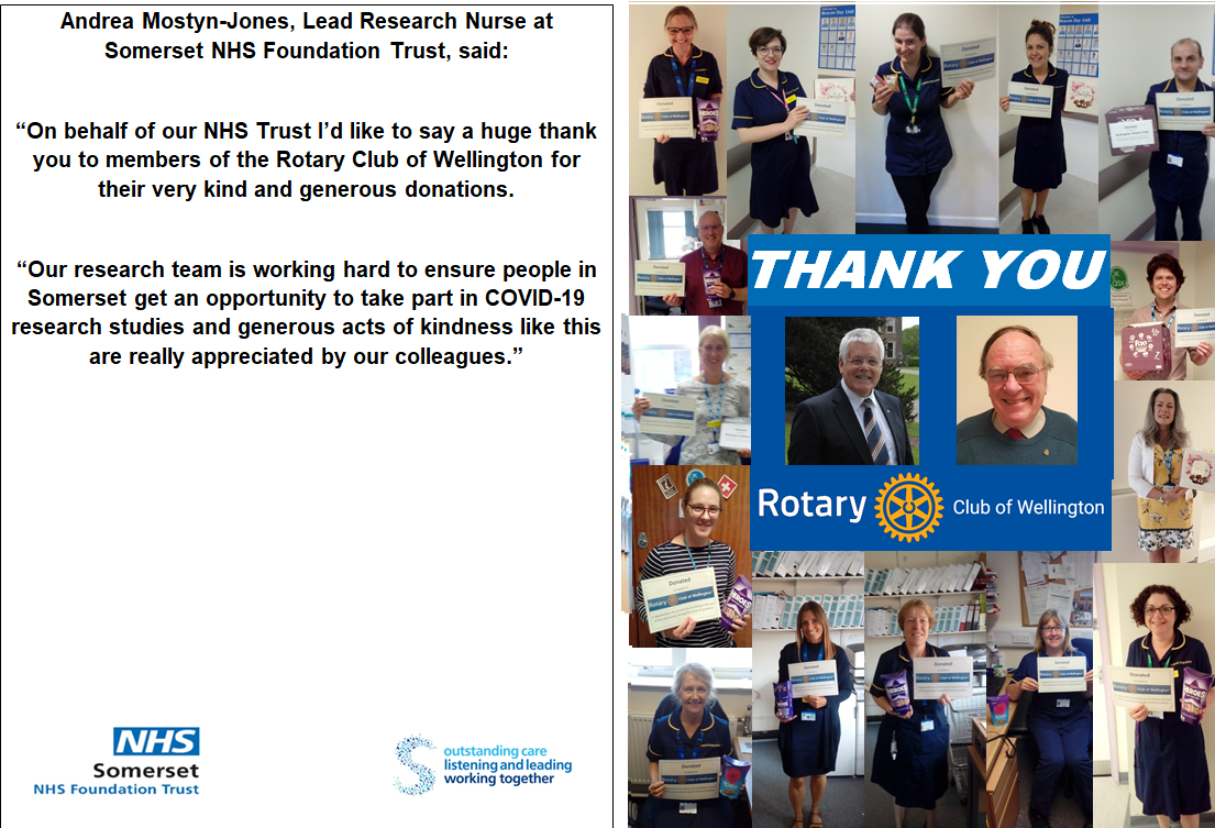 We would like to say thank you to members of the Rotary Club of Wellington for their generous donations. Our research team is working hard to ensure people in Somerset have opportunities to take part in COVID-19 research and generous acts of kindness like this are appreciated.