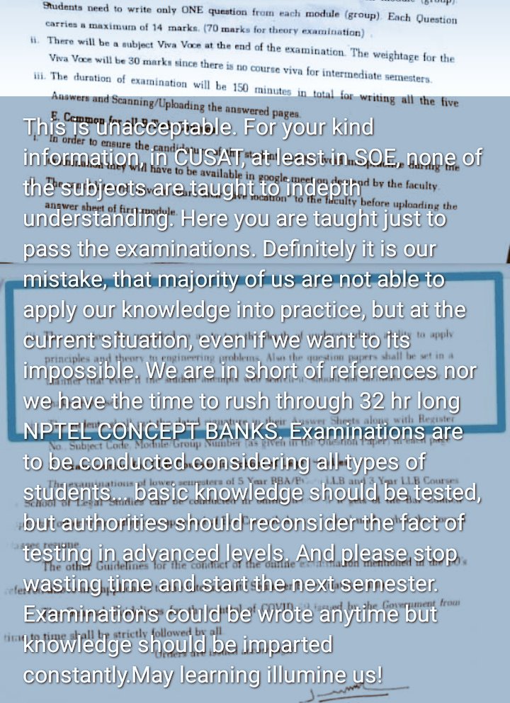 _Sreejith_R_'s tweet photo. University should understand student's ready accessibility to the mentioned facilities. At present teaching should be given more importance than testing. May learning illumine us!
#cusatexams #SpeakUpForStudent
@KeralaGovernor
@ShashiTharoor
@HRDMinistry
@manoramanews
@republic https://t.co/Pvp7hDvAsl