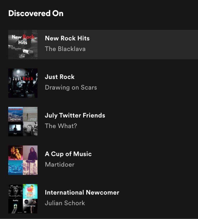 incolour_music's tweet photo. My ‘discovered on’ on #Spotify! 3 Twitter pals @dorner_martina @nordique1972 @drawingonscars @JustRockList thank you all 💕 https://t.co/SpRAz8tau8