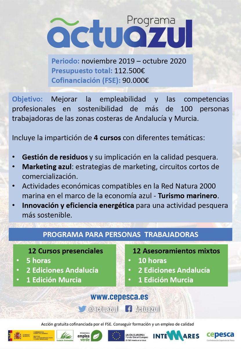 Turismo marinero, Gestión de residuos, Marketing azul e Innovación y eficiencia energética forman nuestro programa formativo. Hazlos todos o inscríbete en el que más te guste!
 
Si estás interesado o quieres ampliar información, escríbenos sin compromiso a proyectos@cepesca.es