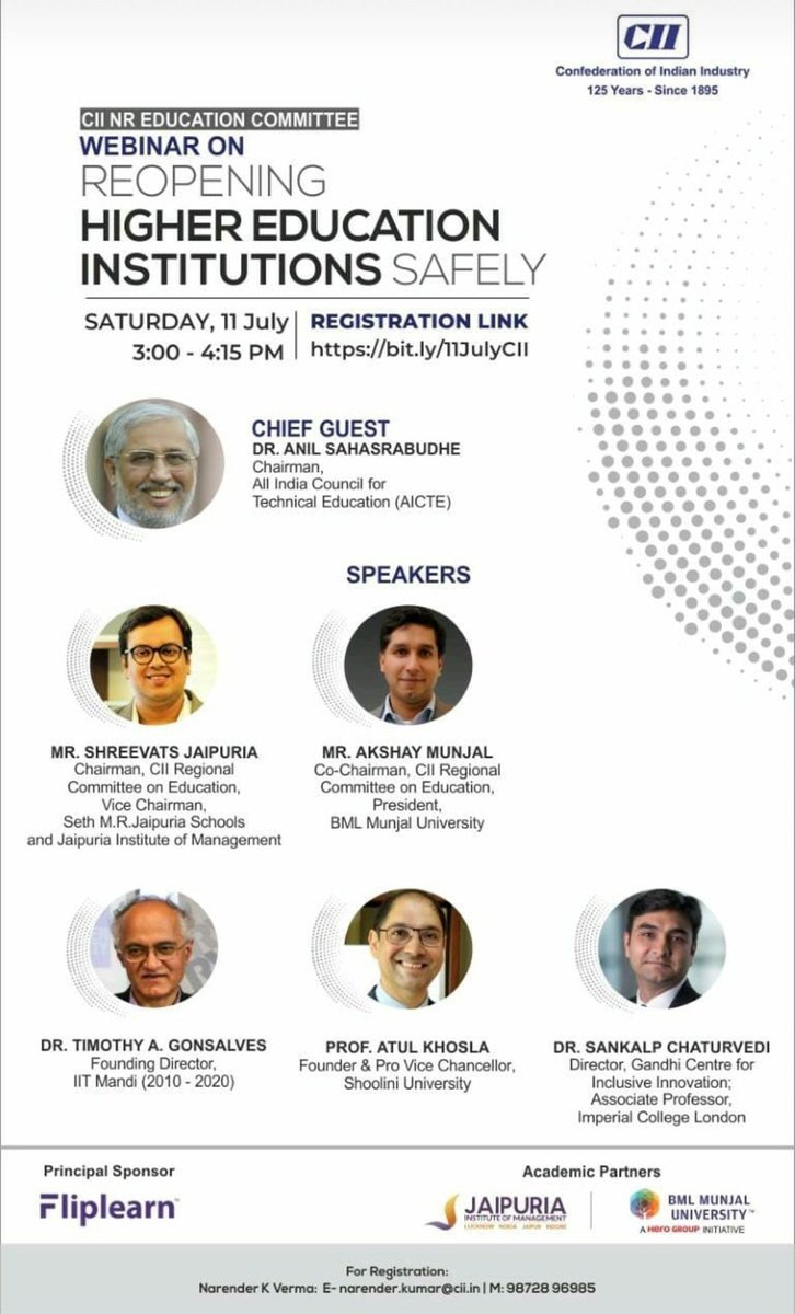 NewMillenniumEP's tweet photo. Join the CII NR webinar tomorrow, on "Reopening Higher Education Institutions safely ".
Date - Saturday, July 11, 2020
Time - 3:00 - 4:15 pp
Register here - https://t.co/xKemJ4QTgR
#CII #Webinar #school #education #educator #covid19 #highereducation #educatorsofindia #leaders https://t.co/9t0isi4O2V