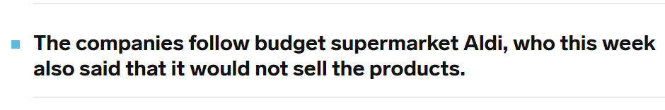 Also seems to suggest Aldi has been ahead of the game in all this but it hasn't. Only confirmed (to me) it wouldn't stock any chlorine chicken and hormone beef on July 7. Before it had only said its 'core range' would be free of US meat.  https://inews.co.uk/inews-lifestyle/food-and-drink/aldi-commit-avoid-us-meat-british-farmers-497954