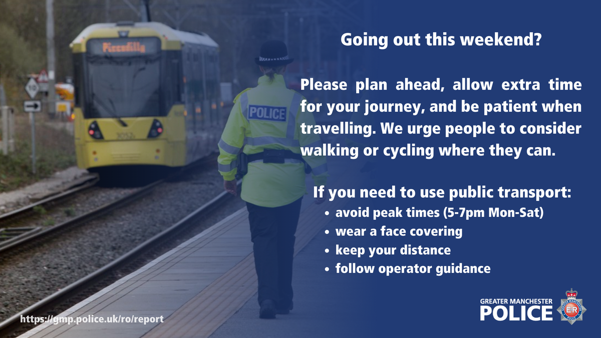 Please plan ahead, allow extra time for your journey &amp; be patient when travelling. We urge people to consider walking or cycling where they can

If you need to use public transport
✔️ avoid peak times
😷 wear a face covering
↔️ keep your distance
🔊 follow operator guidance