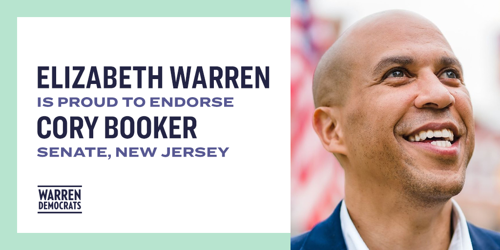 Elizabeth Warren is proud to endorse Cory Booker — Senate, New Jersey