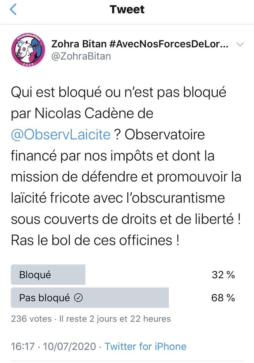 Après Z. El Rhazoui & C. Pina, relayées par l’extrême-droite, c’est Zohra Bitan qui appelle ses «fans» à me troller #CyberharcèlementPourquoi?Parce qu’elles refusent qu’on rappelle le droit de la laïcité, la vraie, pour les laisser l’instrumentaliser et diviser la population...