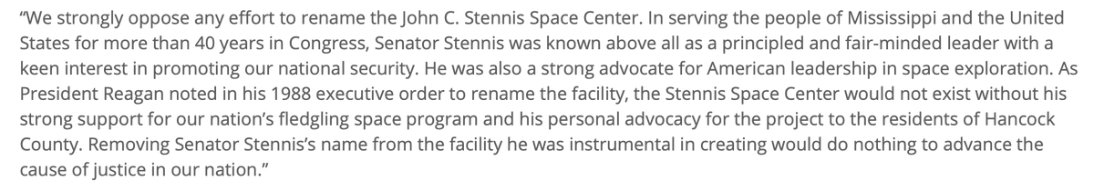 Here's their reasoning for wanting to ensure  @NASAStennis keeps its 4th (current) name. (That's it. That's the whole statement.)