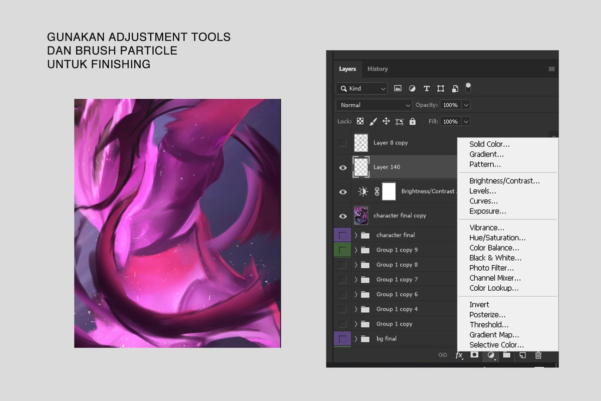 jangan lupa untuk finishingnya mainin adjustment toolnya seperti filter Instagram untuk memperkuat mood dan partikel untuk menambah juicy pada gambar lo..