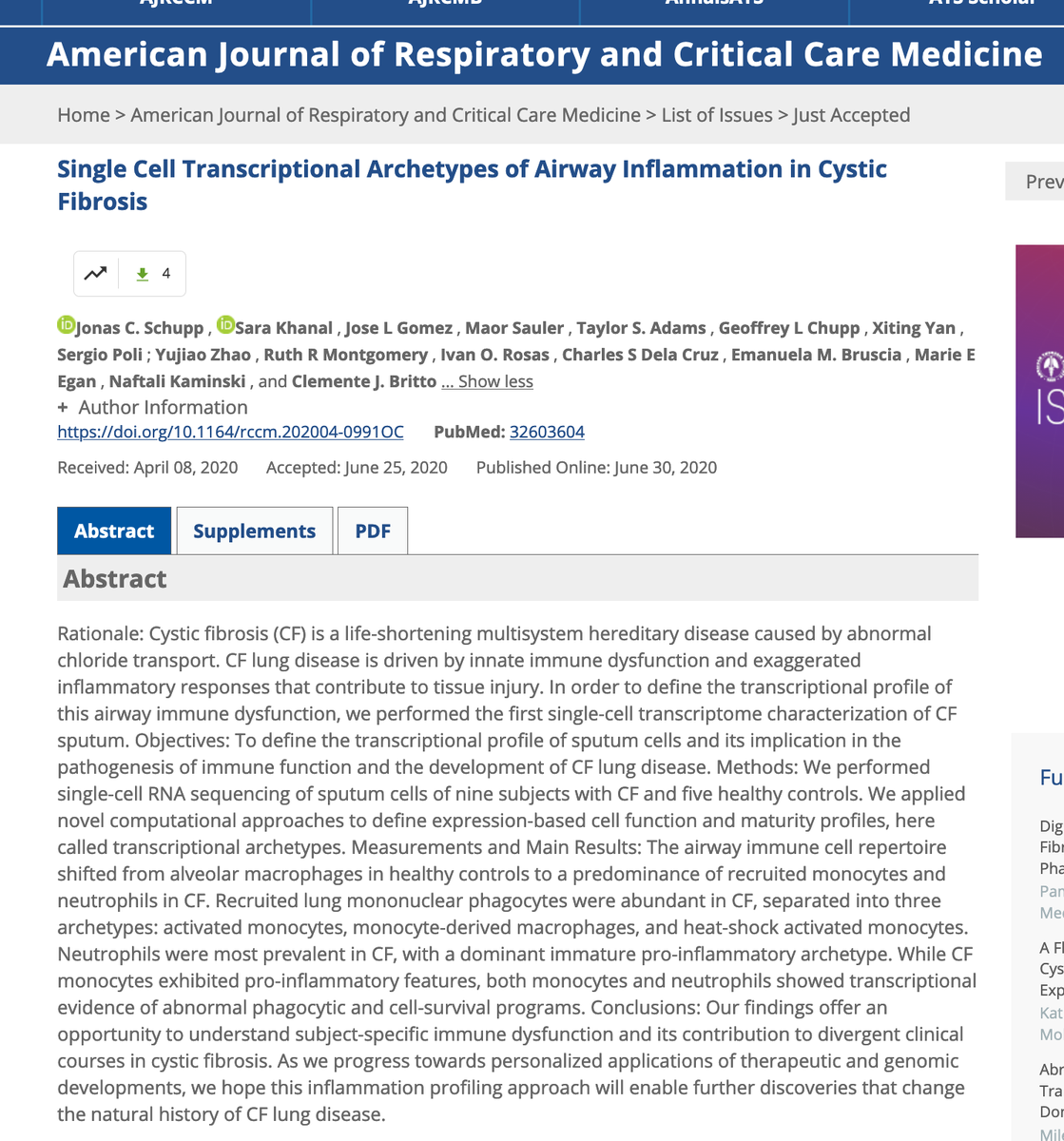 @m_konigshoff @10xGenomics @YaleMed @YaleIMed @ScienceAdvances @ScienceMagazine @IPFWarrior @ThreeLakes_TLF @scell_papers @pulmonaryfibros @YaleGenetics @NHLBI_LUNGDir Thanks! Amazing 14 days: a) 1st #scRNAseq analysis of sputum in Cystic Fibrosis atsjournals.org/doi/abs/10.116… b) 2 #IPFCellAtlas papers on same day in @ScienceAdvances c) A really cool #Covid19 #scRNAseq paper being posted today on @medrxivpreprint #DataSharing #CommunityScience