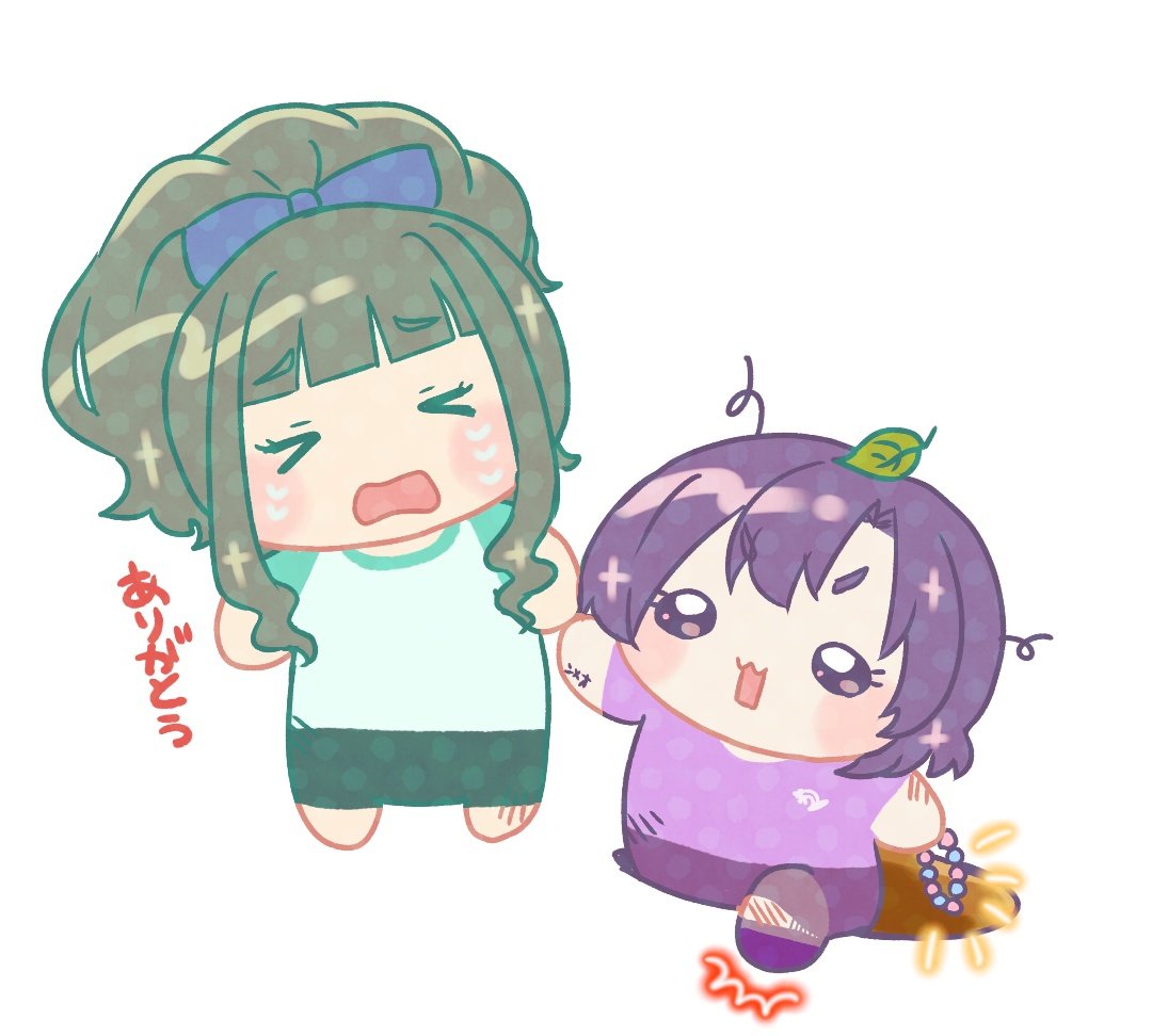 multiple girls 2girls leaf on head purple hair leaf white background chibi  illustration images