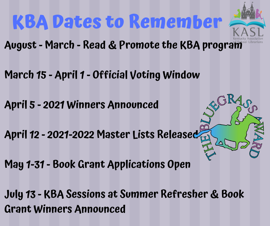 KBAAwards's tweet image. 2020-2021 KBA Save the Date! Be sure to mark your calendar for all things KBA! 

#kbareads #kbaawards