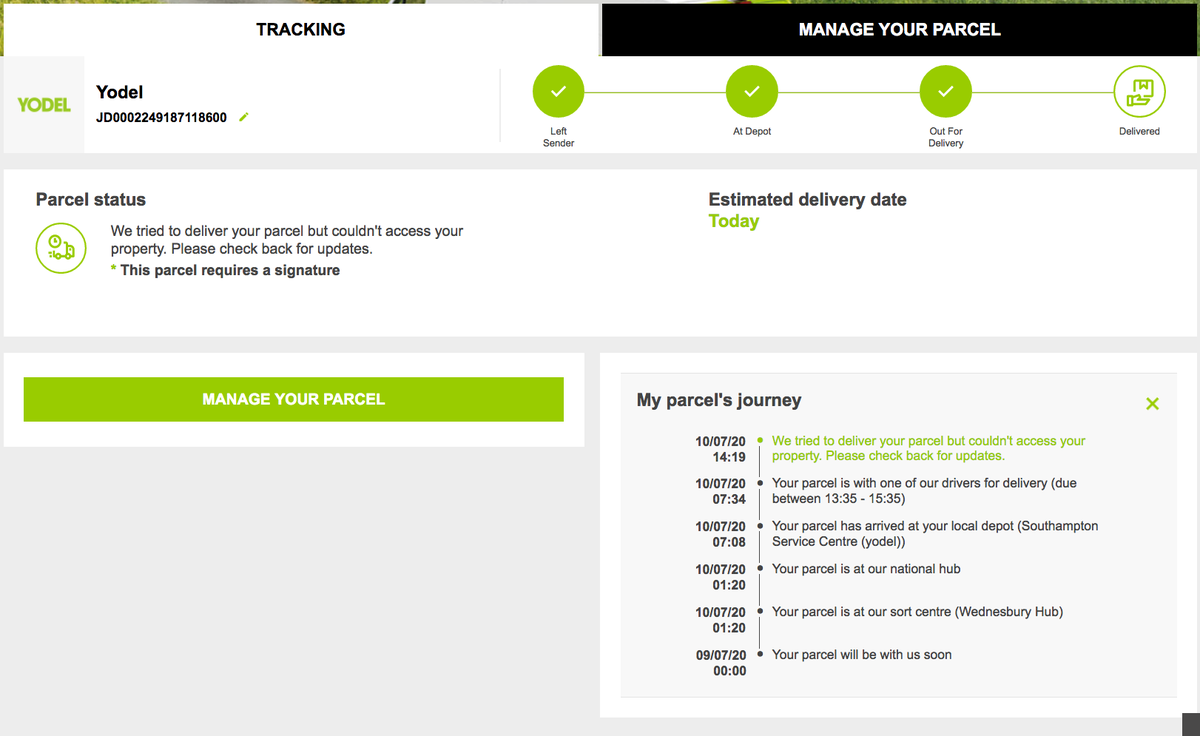 benwhitworth's tweet image. Come on @YodelOnline - the postman could 'access our property' today, as could @SainsburysNews, the refuse collection and @DPDgroup_news group. Besides, we've been in all day... #frustration #tiredofwaiting #porkiepies