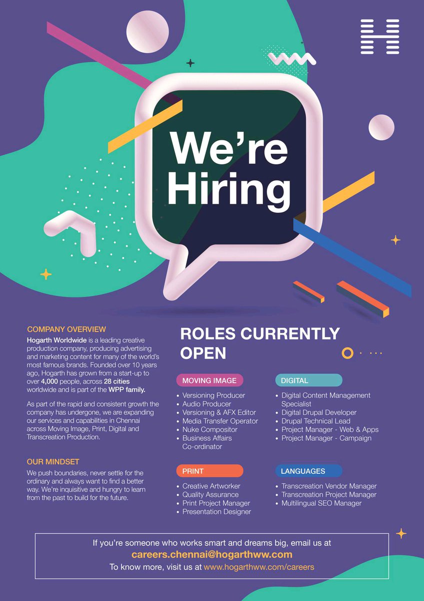 davidraja1976's tweet photo. Hogarth Chennai is hiring! If you are someone who works smart and dreams big, visit the careers page on the Hogarth website for a comprehensive list of all our vacancies.
#HogarthChennai #Jobs #Advertising #Production #HelloOLBN #OLBN https://t.co/MsCtUDUoUB