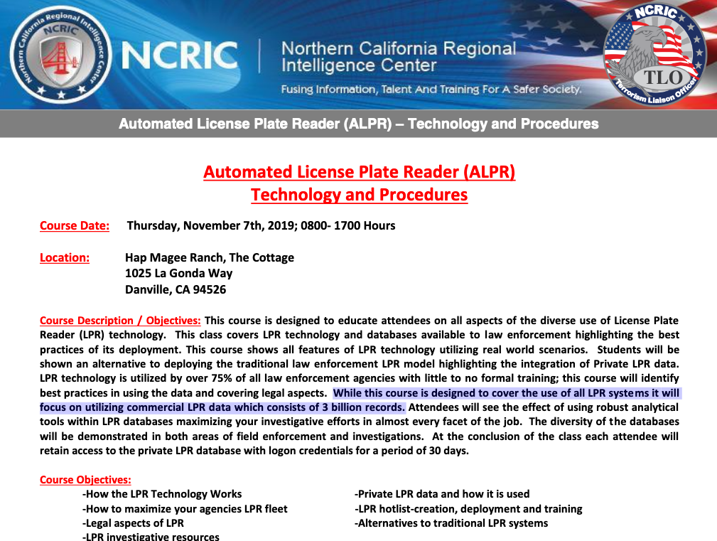 Lots of law enforcement courses around the country focusing on "utilizing commercial [License Plate Reader] data which consists of 3 billion records."  #BlueLeaks