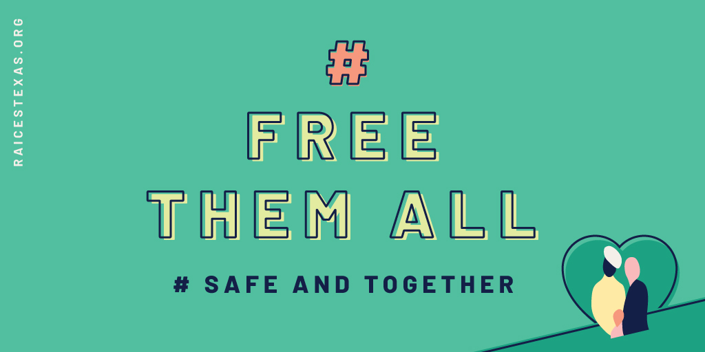 Graphic shows the two hashtags: #FreeThemAll and #SafeAndTogether.