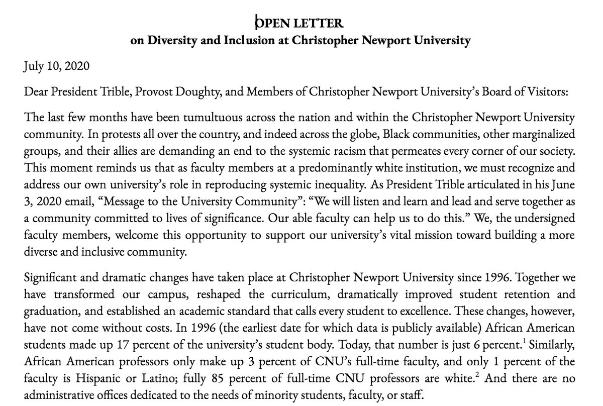 johnnyfinn1's tweet image. New open letter to #CNUCaptains admin and BOV with specific ACTIONS the university should immediately take to change policies that directly impede diversity and inclusion on campus. Enough talk-time for action! docs.google.com/document/d/1AA… 

#CNU @CNUcaptains @CNUSociology @CNUComm