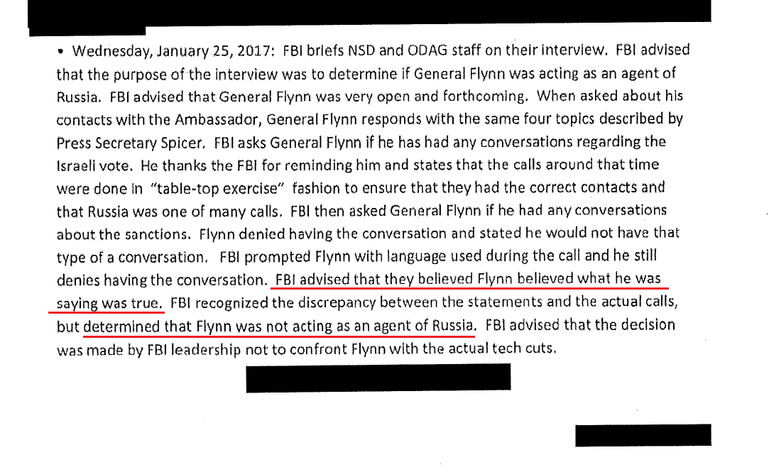 New Flynn Documents - Thread.1/30/17 DOJ(?) Memo:"FBI advised that they believed Flynn believed what he was saying was true."FBI determined "Flynn was not acting as an agent of Russia."
