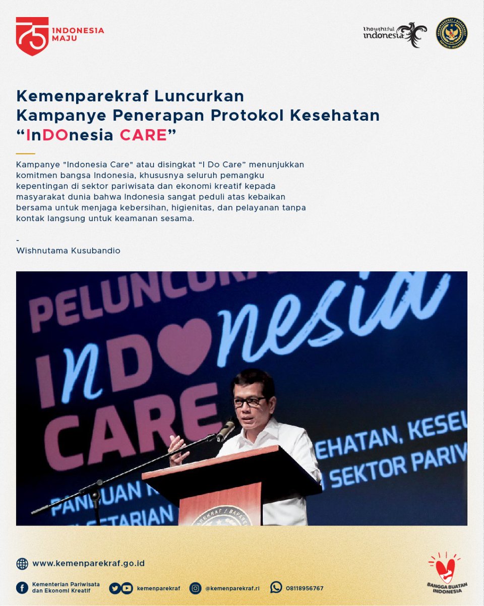 KemenPariwisata's tweet photo. Menparekraf @wishnutama baru saja meluncurkan kampanye ‘#InDOnesiaCARE’ yang  berisi ajakan untuk menjalankan kembali sektor Parekraf dengan mengutamakan tiga hal utama, yaitu menjaga sanitasi, higienitas, dan pelayanan tanpa kontak langsung untuk keamanan bersama. https://t.co/Gjcyb4MvtR