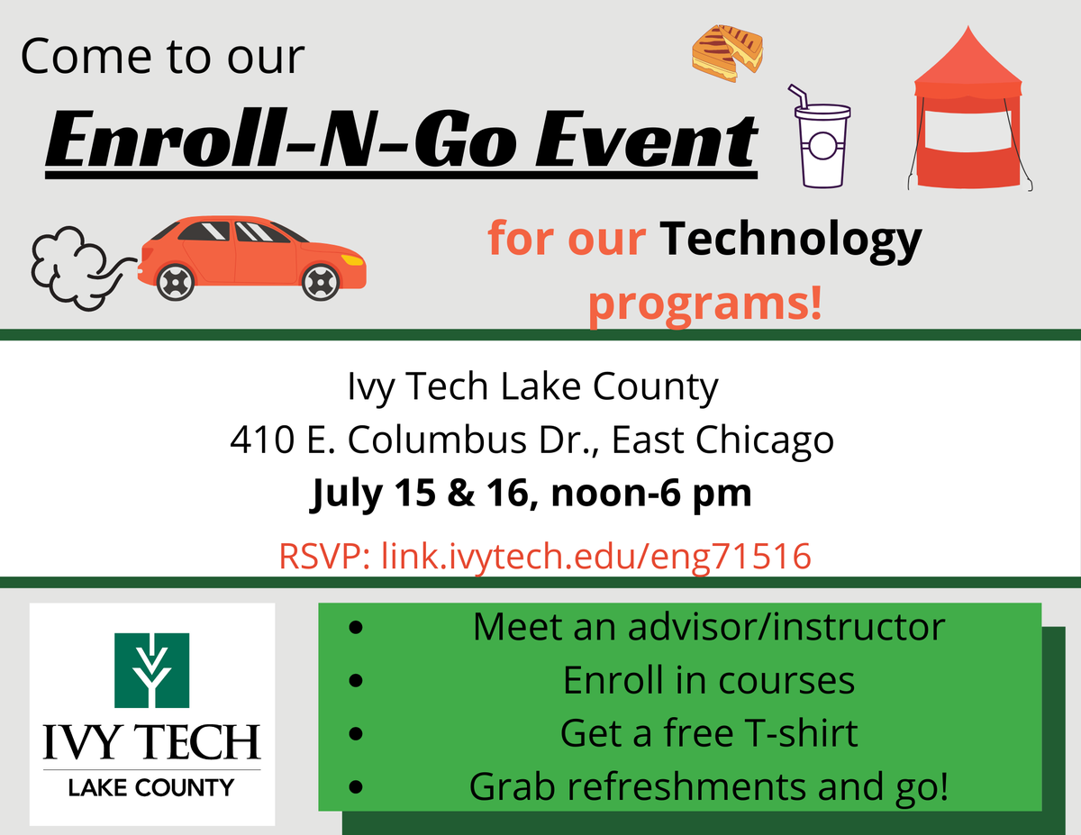 IvyTechLakeCo's tweet photo. Don't forget Enroll-N-Go starts tomorrow! RSVP: https://t.co/B0ZlRlBkYT #technologyclasses #jobskills #enrollforfall #ivyunited #ivyiswhereyouare https://t.co/kvZ5Mrx0Zw