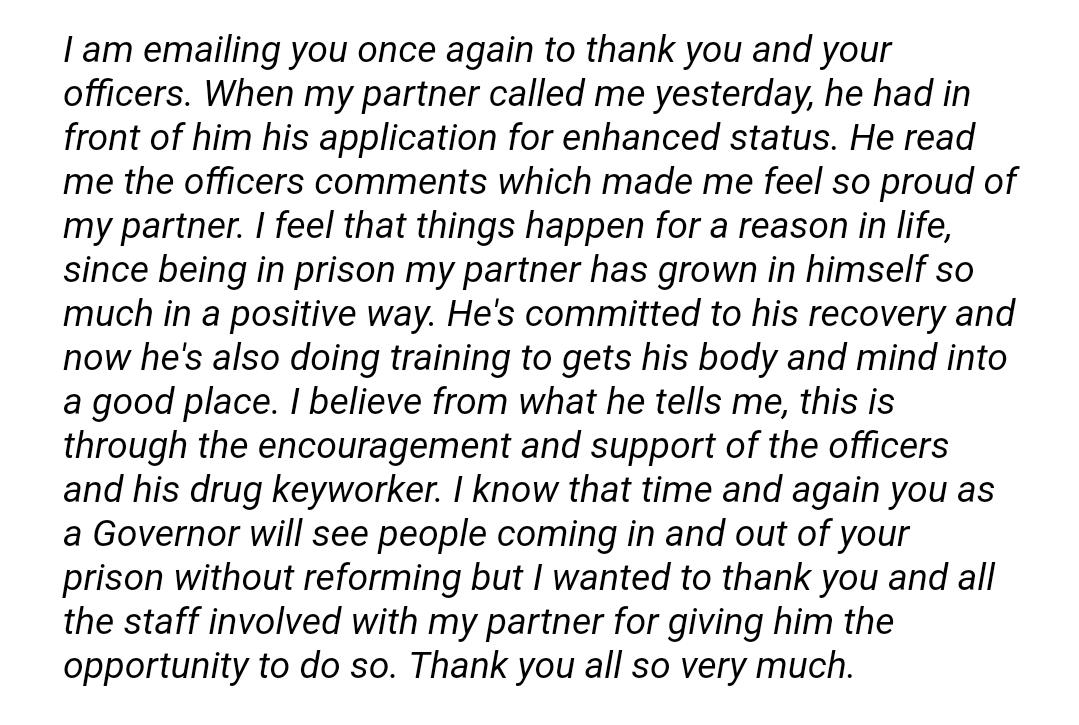 During these unprecedented times, feedback from friends & relatives is really welcome. It was heartening to receive one such letter of thanks on how our positive comments and support has reformed a resident in our care #reducingreoffending #reform