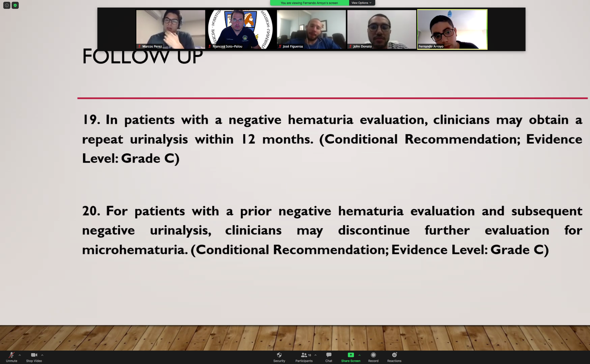 FrancoisSoto's tweet photo. Starting off the new @UPRUrology academic year with the recently released @AmerUrological microhematuria guidelines. New: addition of risk stratification and a more judicious use of CT scans. #UroSoMe #UroRes @SES_AUA https://t.co/bmelmWK6cB
